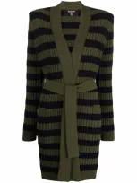 Balmain Striped Long Belted Wool Cardigan In Green