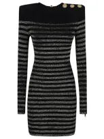 Balmain Metallic Stripe Button-shoulder Knit Mini Dress In Black