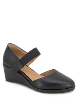 Gentle Souls By Kenneth Cole Oriana Ankle Strap Wedge Pump In Black Leather