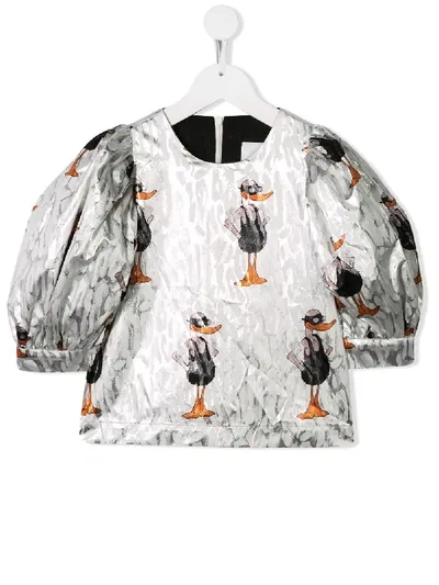 Caroline Bosmans Kids' Duck Print Long-sleeve Blouse In White