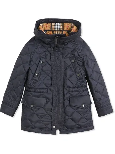 Burberry Kids' Diamond Quilted Hooded Jacket In Blue