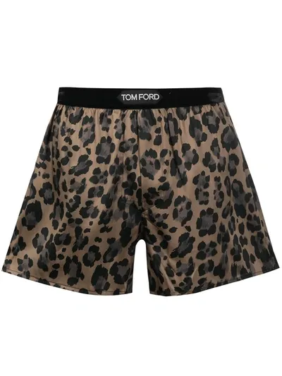 Tom Ford Velvet-trimmed Leopard-print Stretch-silk Boxer Shorts In Light Brown