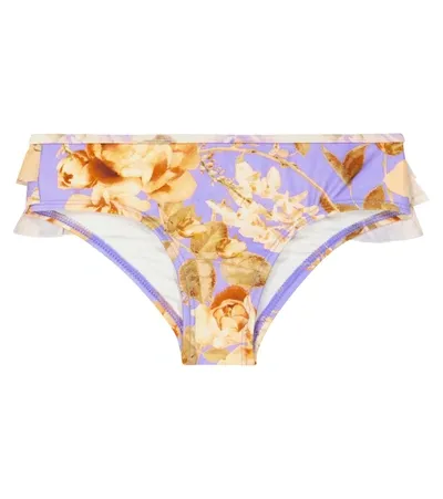 Zimmermann Kids' Floral-print Ruffle Bikini Bottom In Purple