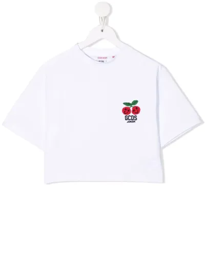 Gcds Teen Cherry-embroidered Cropped T-shirt In White