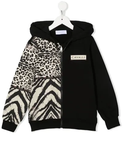 Roberto Cavalli Junior Kids' Patchwork Animal-print Zipped Hoodie In Black