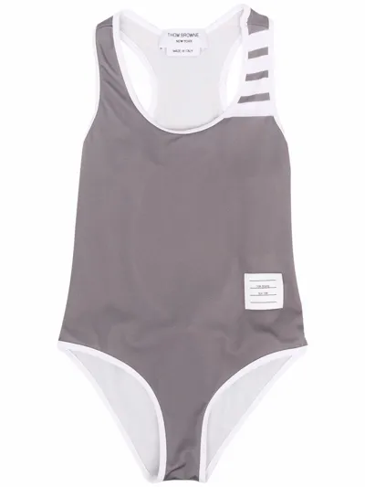 Thom Browne Kids' 4 Bar Stripe Swimsuit In Grey