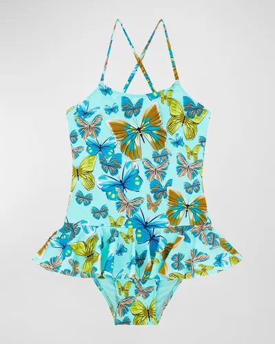 Vilebrequin Kids' Little Girl's & Girl's Butterflies All Over Racerback One-piece Swimsuit In Lagoon