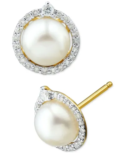 Honora Cultured Freshwater Pearl (6mm) & Diamond (1/6 Ct. T.w.) Halo Stud Earrings In 14k White Gold