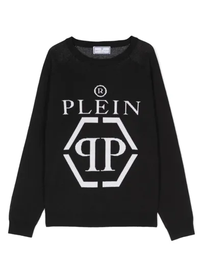 Philipp Plein Junior Intarsia Knit-logo Crew-neck Jumper In Schwarz