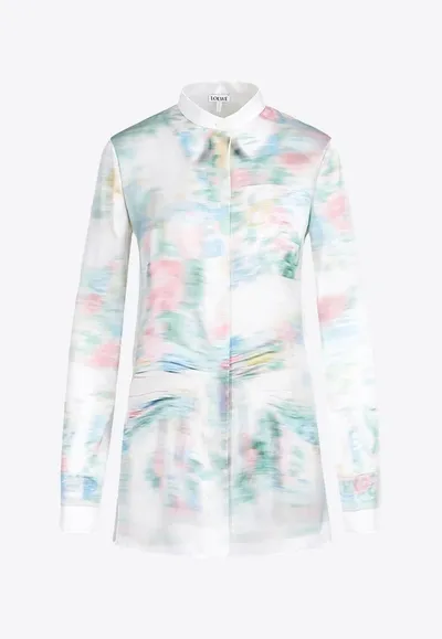 Loewe Blurred Floral-print Collared Satin Shirt In White Multi