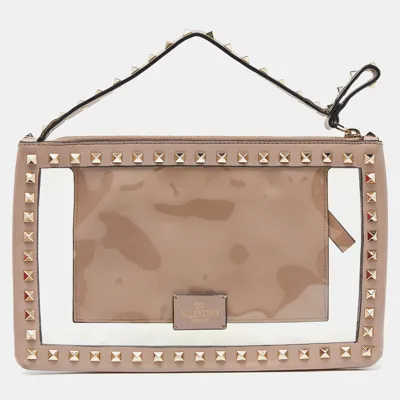 Pre-owned Valentino Garavani Pink/transparent Leather And Pvc Rockstud Clutch