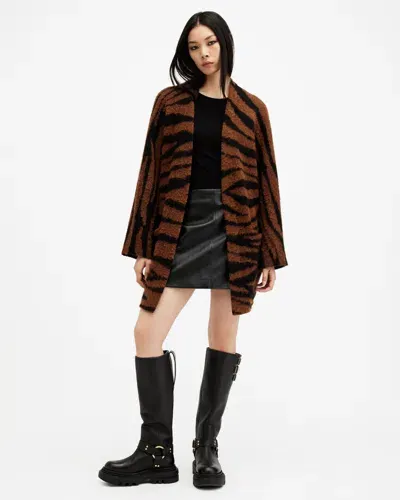 Allsaints Zoe Oversized Tiger Stripe Cardigan In Sugar Brown