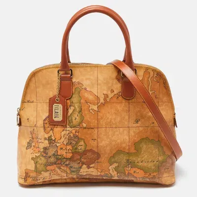 Pre-owned Alviero Martini 1a Classe Brown Geo Print Coated Canvas And Leather Dome Satchel