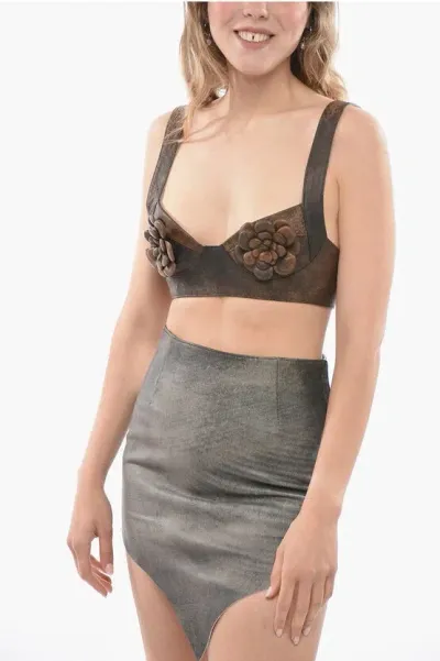 Baia Leather Bra Top With Embossed Details In Black