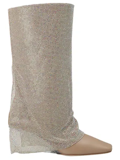 Benedetta Bruzziches Virginia Crystal-embellished Mesh And Leather Boots In Neutral