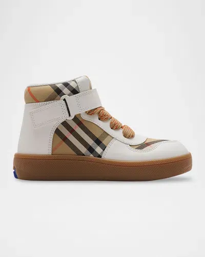 Burberry Kid's Sheldon Check Cotton And Leather High-top Sneakers, Toddler/kids In Sand Ip Check