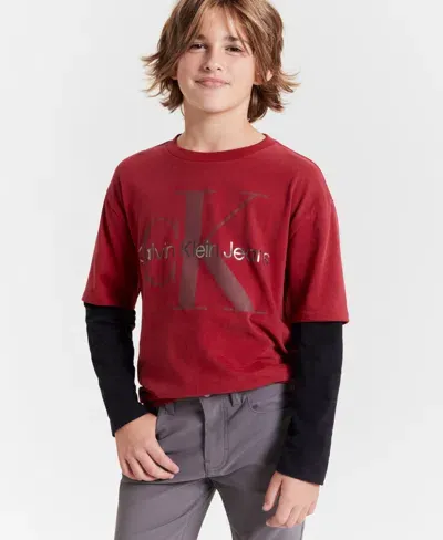 Calvin Klein Kids' Big Boys Fancy Long Sleeve Doubler T-shirt In Red Dahlia