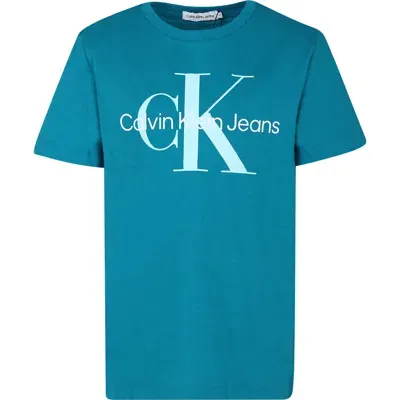 Calvin Klein Kids' Green T-shirt For Boy With Logo In Blue