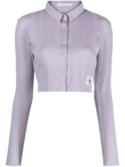 Calvin Klein Jeans Est.1978 Cropped Ribbed Jersey Cardigan In Purple