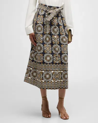 Cara Cara Oslo Floral Tie-belt Midi Skirt With Pockets In Blue Med Tile