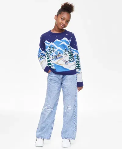 Charter Club Kids' Big & Little Girls Snowy Town Crewneck Sweater, Created For Macy's In Medieval Blue Combo