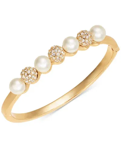 Charter Club Gold-tone Pave Fireball & Imitation Pearl Bangle Bracelet, Created For Macy's In White