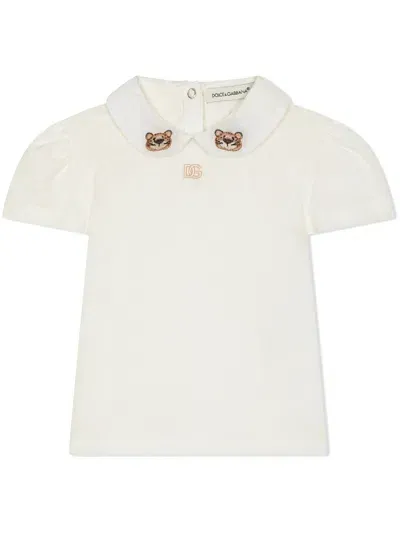 Dolce & Gabbana Babies' Poloshirt Mit Leopardenstickerei In White