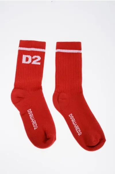 Dsquared2 Solid Color Long Socks With Contrasting Logo In Red