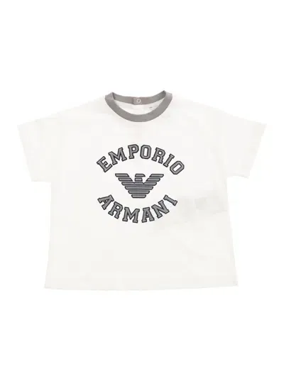 Emporio Armani White Crewneck T-shirt With Logo Lettering Print In Cotton Baby