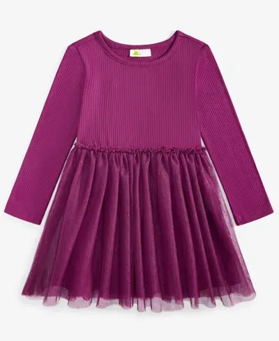 Epic Threads Babies' Toddler Girls Long-sleeve Ribbed Glitter-tulle Dress, Created For Macy's In Magenta Purple