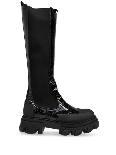 Ganni 50mm Crocodile-embossed Knee-high Boots In Black