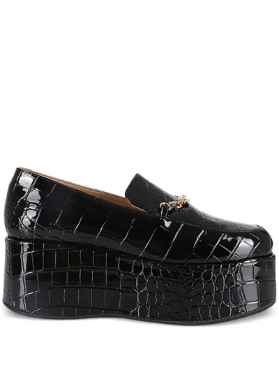 Ganni 65 Crocodile-effect Faux Leather Platform Loafers In Black