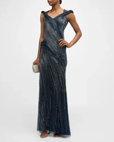 Gaurav Gupta Beaded Gown With Structured Draping In Navy