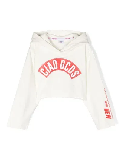 Gcds Kids' Logo-print Cropped Hoodie In White