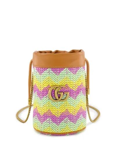 Gucci Mini Gg Marmont Chevron-knit Bucket Bag In Brown