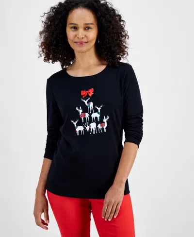 Holiday Lane Women's Deer Celebration Long-sleeve Top, Created For Macy's In Deep Black Combo