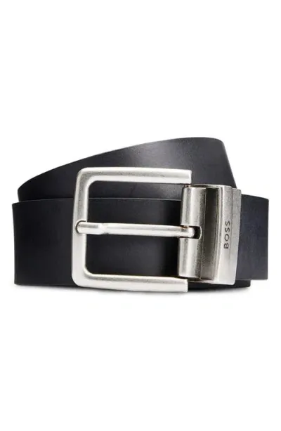 Hugo Boss Omar-g Mens Reversible Italian Leather Belt With Branded K In Black 002