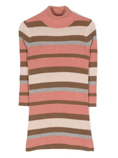 Il Gufo Kids' Striped Ribbed Knitted Dress In Pink