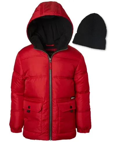 Ixtreme Kids' Big Boys Fleece-lined Full-zip Hooded Puffer Jacket With Ribbed-knit Beanie In Red