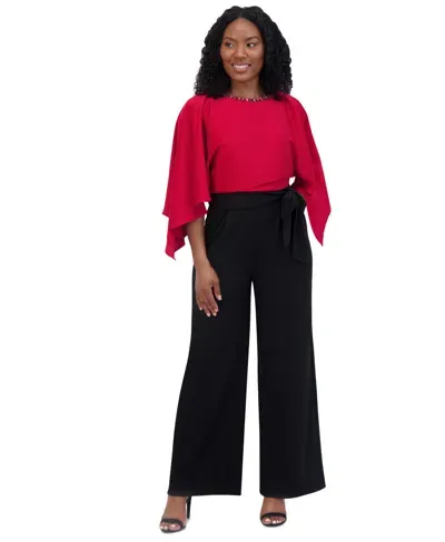 Jessica Howard Petite Colorblocked Rhinestone-trim Jumpsuit In Black,red