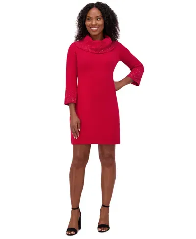 Jessica Howard Women's Studded 3/4-sleeve Cowlneck Dress In Red