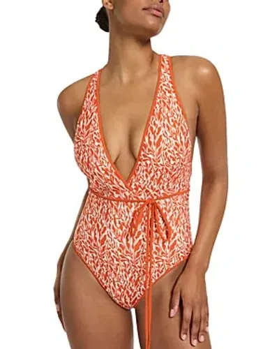 Jets Plunge Tie Waist One Piece Swimsuit In Coral