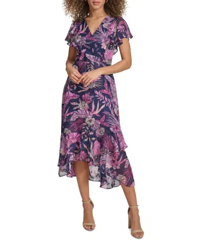 Kensie Women's Printed Flutter-sleeve Midi Dress In Navy Multi