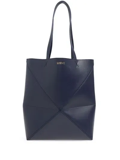 Loewe Medium Puzzle Fold Tote In Shiny Calfskin In Blue