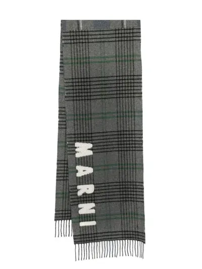 Marni Logo-embroidered Plaid Scarf In Blue