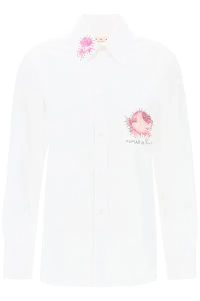 Marni Floral Print Patch Shirt With Hand-embroidered Logo In Multicolor