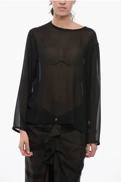 Max Mara Chiffon Ferrara Top With Rhinestone Trims In Black