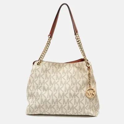 Pre-owned Michael Michael Kors White Signature Coated Canvas Jet Set Shoulder Bag