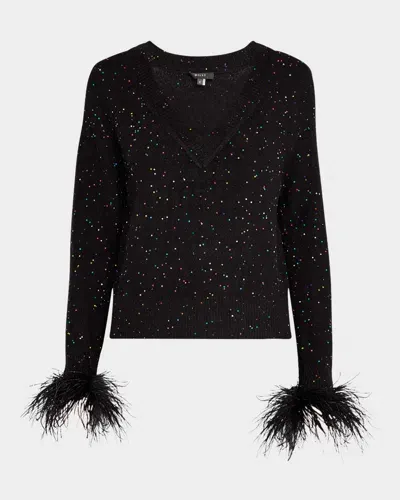 Milly Feather-cuff Sequined Knit Sweater In Black