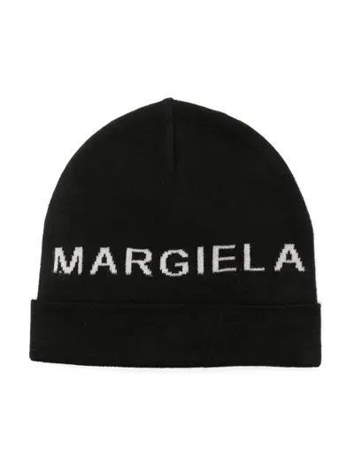 Mm6 Maison Margiela Kids' Intarsia-logo Beanie Hat In Black